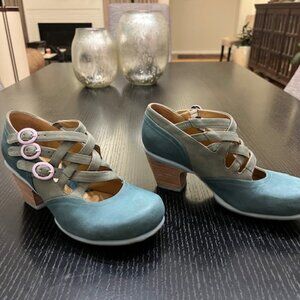 John Fluevog 'Luxon' 3-Strap MaryJane in Dusty Seagreens + Pink Buckles